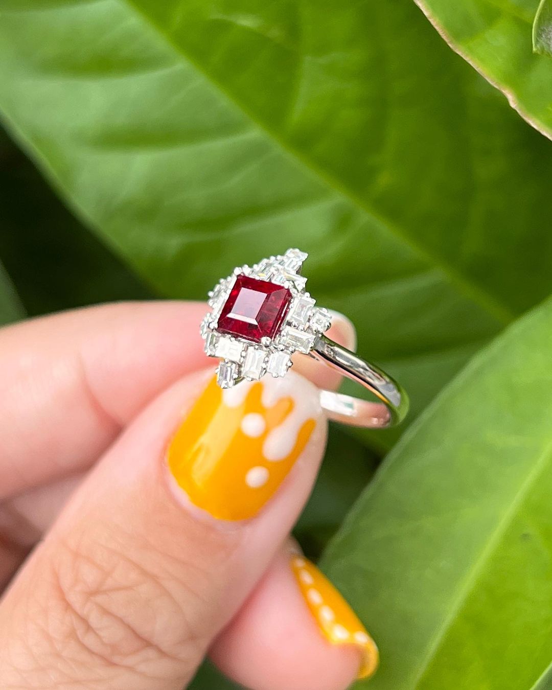 2.2Ct Red Princess Cut Solitaire With Cluster Ring | Wedding Ring For Bridal | Stylish Ring For Her | Designer Jewelry Piece