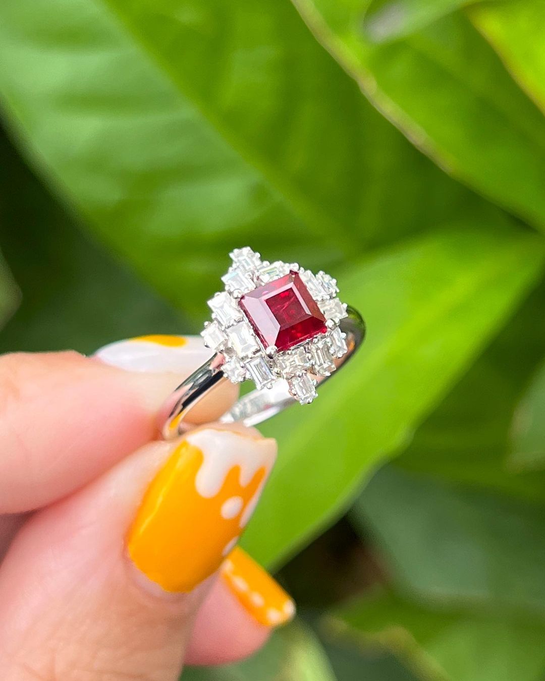 2.2Ct Red Princess Cut Solitaire With Cluster Ring | Wedding Ring For Bridal | Stylish Ring For Her | Designer Jewelry Piece