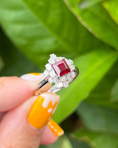 2.2Ct Red Princess Cut Solitaire With Cluster Ring | Wedding Ring For Bridal | Stylish Ring For Her | Designer Jewelry Piece