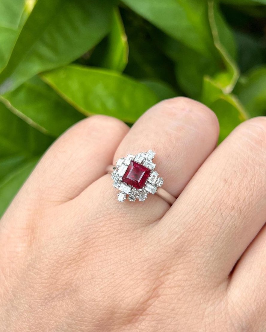 2.2Ct Red Princess Cut Solitaire With Cluster Ring | Wedding Ring For Bridal | Stylish Ring For Her | Designer Jewelry Piece