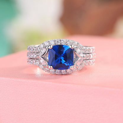 3.20Ct Blue Cushion Cut Solitaire Ring Set | Jewelry Collection For Women | Party Wear Ring Set