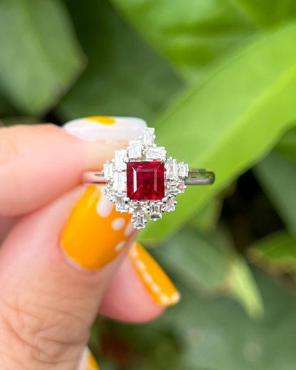 2.2Ct Red Princess Cut Solitaire With Cluster Ring | Wedding Ring For Bridal | Stylish Ring For Her | Designer Jewelry Piece