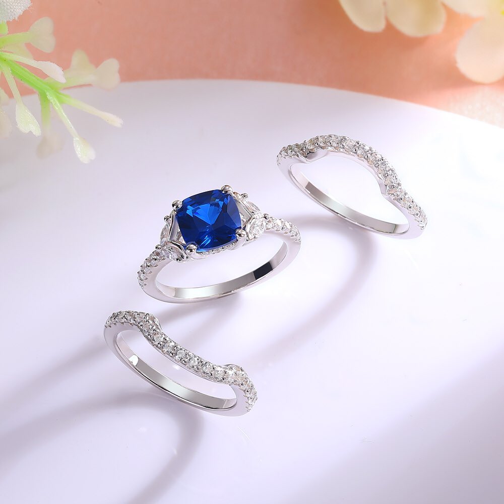3.20Ct Blue Cushion Cut Solitaire Ring Set | Jewelry Collection For Women | Party Wear Ring Set