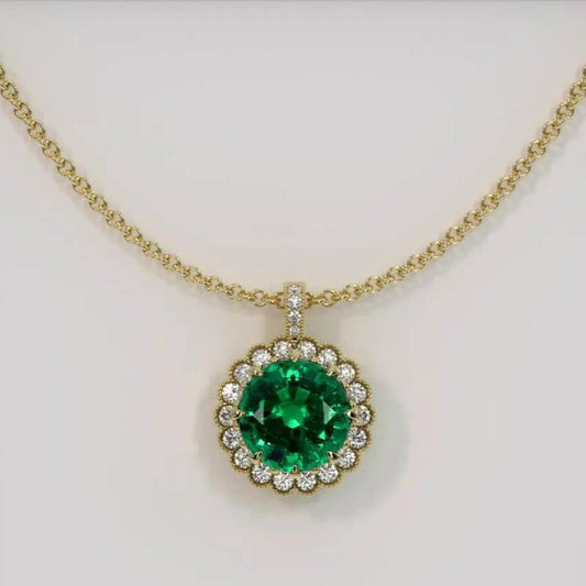 Vintage 2.77Ct Green Round Cut Halo Pendant | Wedding Gift Pendant For Women | Bridal Jewelry | Designer Jewelry Piece