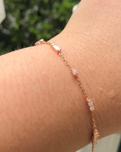 White Baguette And Round Brilliant Cut Signity Diamond Prong Bracelet | Anniversary Gift Bracelet For Wife | Everyday Elegance Bracelet