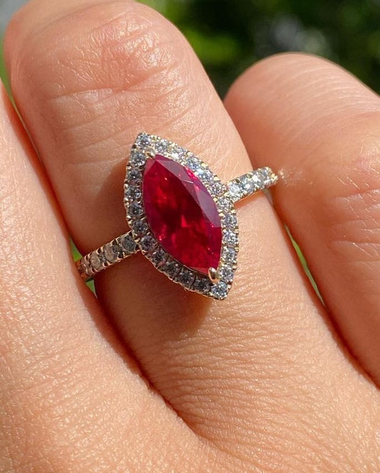 2.80Ct Red Marquise Cut Halo Ring | Wedding Ring For Bridal | Jewelry Collection | Birthstone Ring For Women