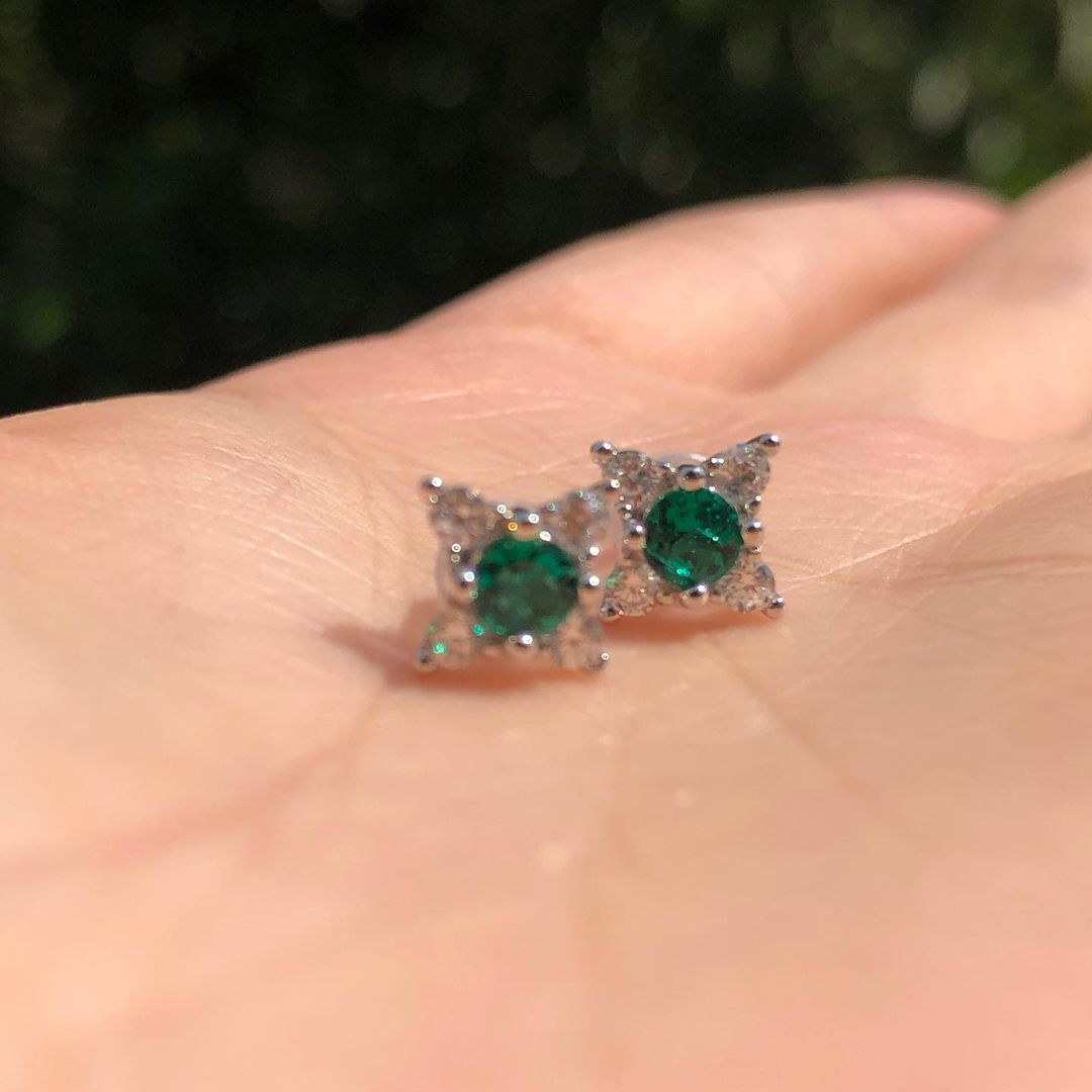 Green Round Cut Cubic Zirconia Prong Set Stud Earring | Four Angle Star Stud Earring For Her | Designer Earring For Women