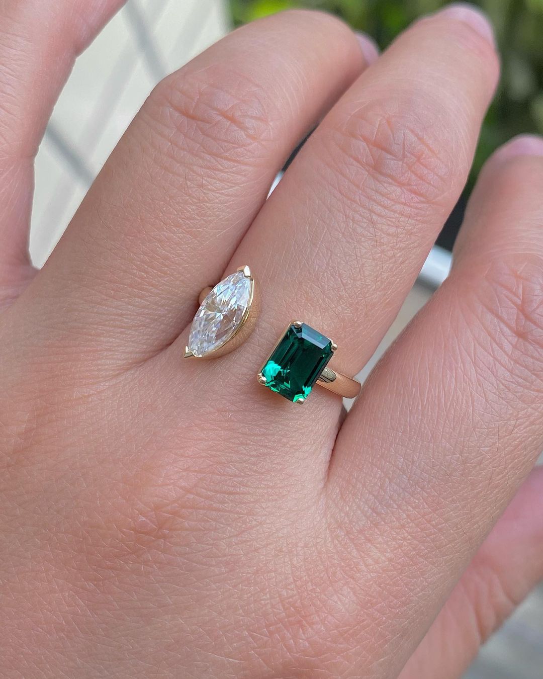 2.88Ct White Marquise And Green Emerald Cut Two Stone Ring | Toi Et Moi Ring | Engagement Ring