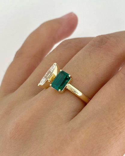 2.88Ct White Marquise And Green Emerald Cut Two Stone Ring | Toi Et Moi Ring | Engagement Ring