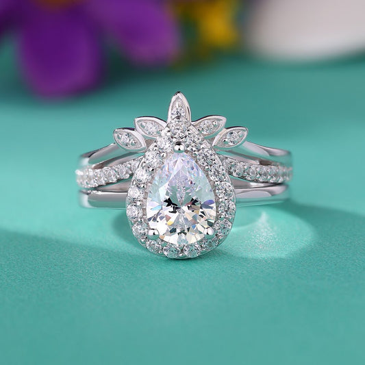 2.98Ct White Pear Cut Halo Ring Set | Bridal Jewelry | Party Wear Ring Set | Perfect Gift For Wife