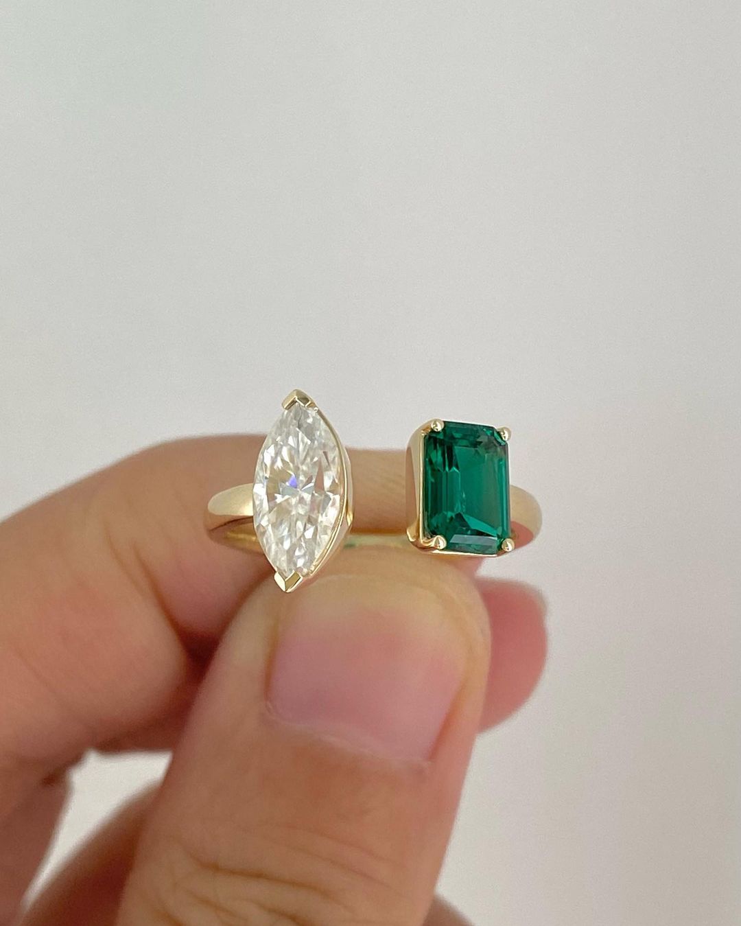 2.88Ct White Marquise And Green Emerald Cut Two Stone Ring | Toi Et Moi Ring | Engagement Ring
