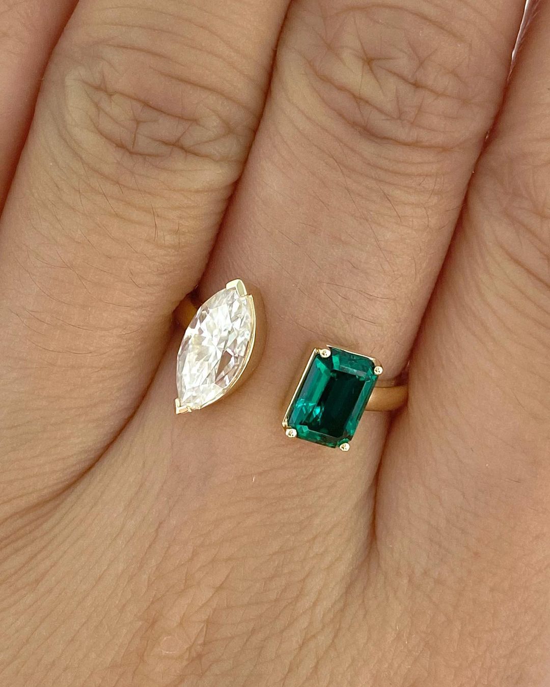 2.88Ct White Marquise And Green Emerald Cut Two Stone Ring | Toi Et Moi Ring | Engagement Ring