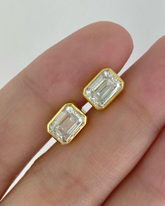 White Emerald Cut Cubic Zirconia Bezel Set Stud Earring | Promise Gift Earring For Love | Everyday Wear Earring For Women