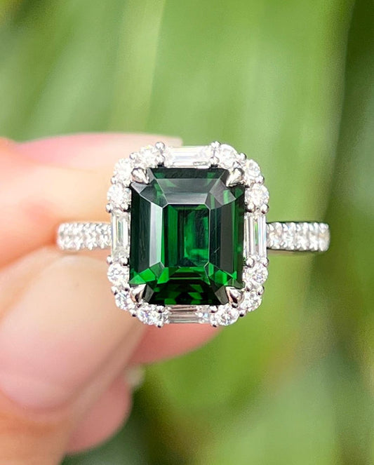 3.2Ct Green Emerald Cut Halo Ring | Party Wear Ring For Women | Statement Ring | Luxury Jewelry For Her