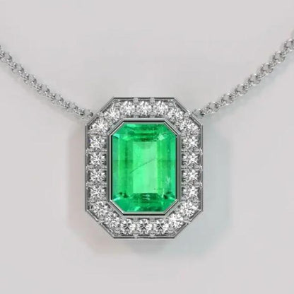 3.10Ct Green Emerald Cut Bezel With Halo Pendant | Wedding Gift For Bridal | Stylish Pendant | Trending Pendant For Women