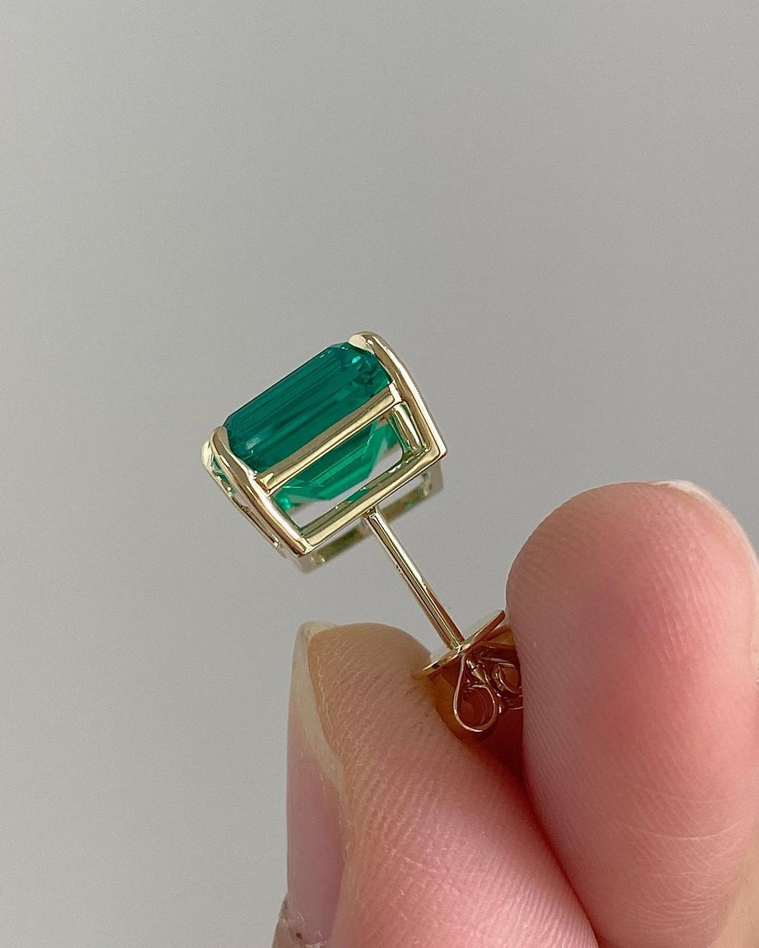 Green Emerald Cut Cubic Zirconia Solitaire Stud Earring | Butterfly Push Back And Basket Set Earring | Birthstone Gift Earring | Comfortable Earring