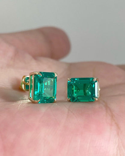 Green Emerald Cut Cubic Zirconia Solitaire Stud Earring | Butterfly Push Back And Basket Set Earring | Birthstone Gift Earring | Comfortable Earring