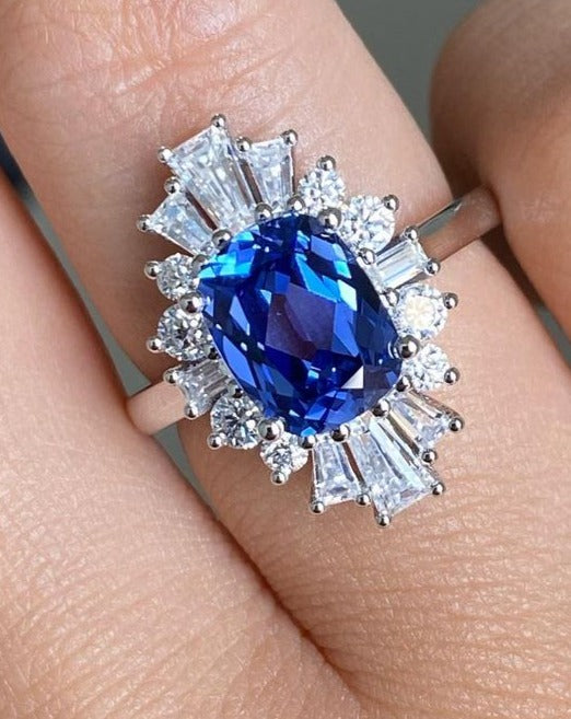 3.10Ct Blue Cushion Cut Solitaire With Halo Ring | Special Occasion Ring For Women | Party Wear Ring