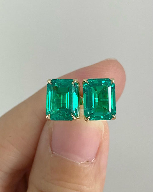 Green Emerald Cut Cubic Zirconia Solitaire Stud Earring | Butterfly Push Back And Basket Set Earring | Birthstone Gift Earring | Comfortable Earring