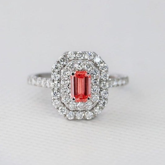 2.55Ct Red Emerald Cut Double Halo Ring | Party Wear Ring For Women | Jewelry Collection