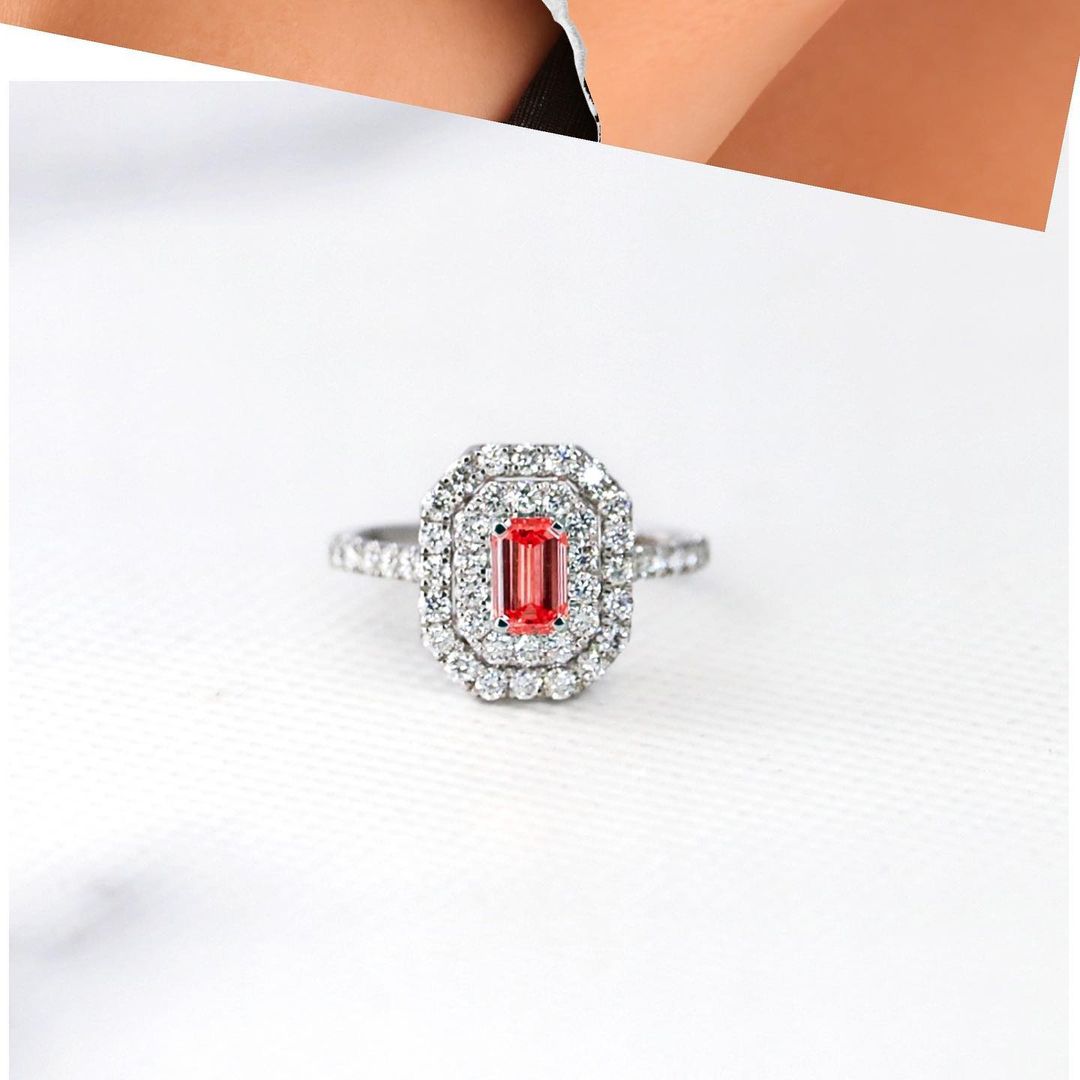 2.55Ct Red Emerald Cut Double Halo Ring | Party Wear Ring For Women | Jewelry Collection