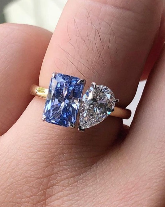 3.20Ct White Pear And Blue Radiant Cut Two Stone Ring | Toi Et Moi Ring | Engagement Ring