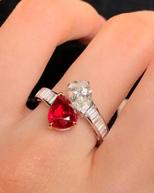 2.88Ct White And Red Pear Cut Two Stone Ring | Toi Et Moi Ring | Customize Ring | Luxury Jewelry