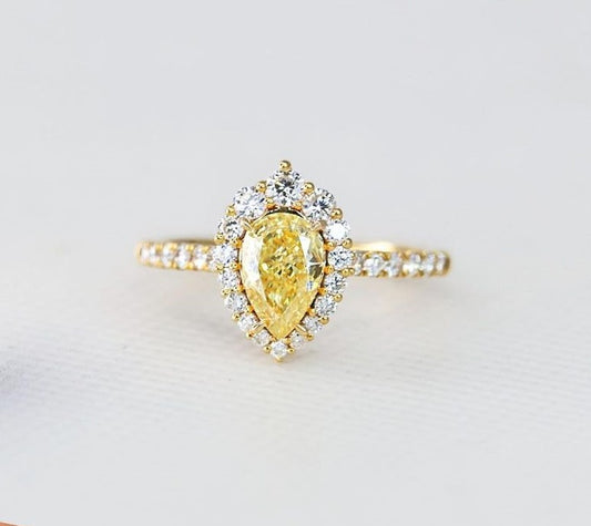 2.80Ct Canary Yellow Pear Cut Halo Ring | Wedding Ring For Bridal | Designer Ring For Women