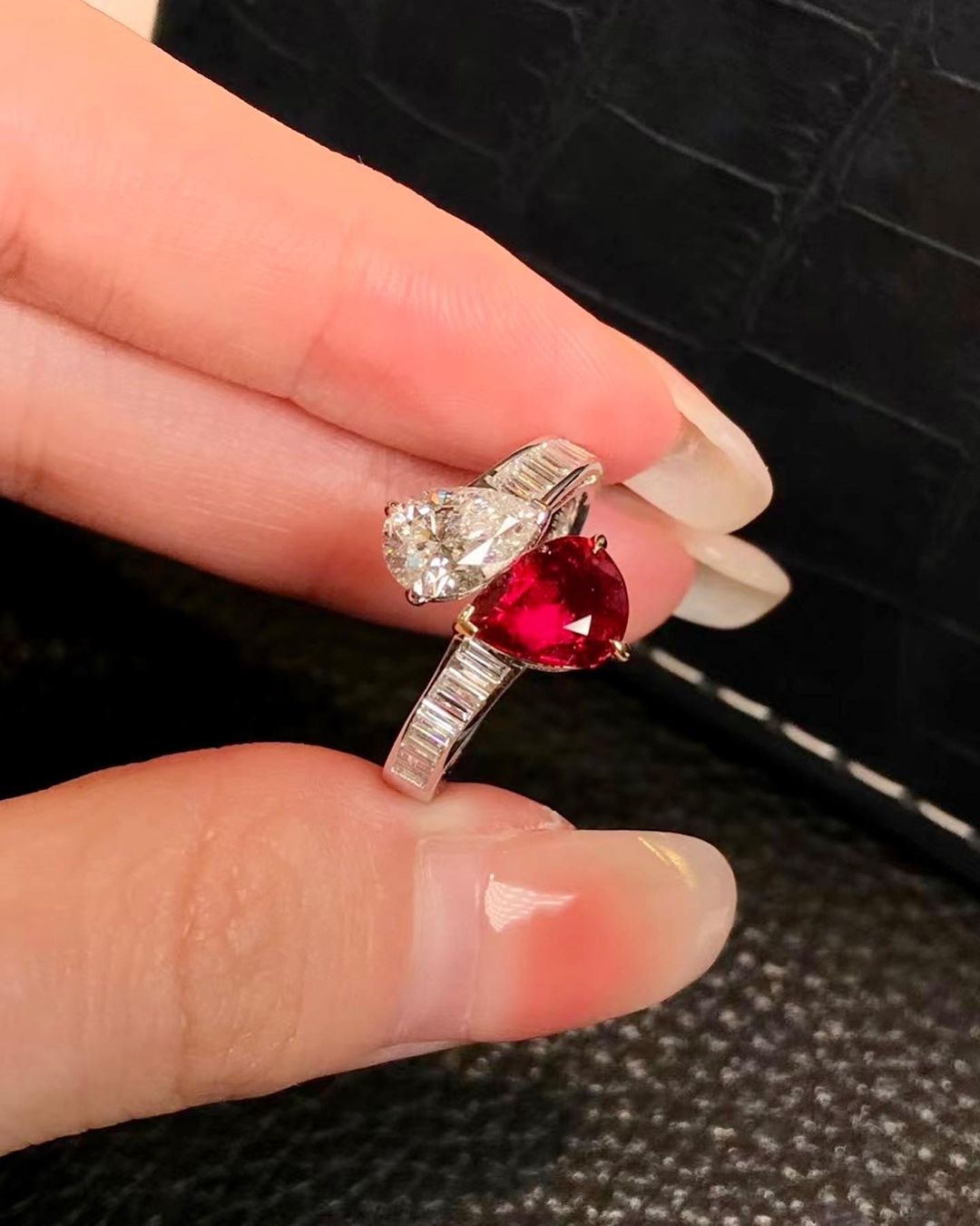 2.88Ct White And Red Pear Cut Two Stone Ring | Toi Et Moi Ring | Customize Ring | Luxury Jewelry