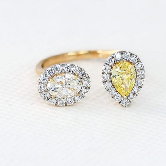 2.98Ct White Oval And Canary Yellow Pear Cut Two Stone Ring | Toi Et Mo Ring | Gift For Women