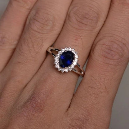 2.8CT Blue Oval Cut Halo Ring | Wedding Ring For Bridal | Unique Ring | Gift For Girlfriend