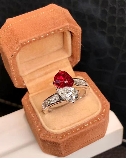 2.88Ct White And Red Pear Cut Two Stone Ring | Toi Et Moi Ring | Customize Ring | Luxury Jewelry