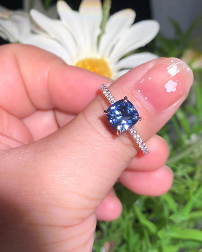 2.80Ct Blue Cushion Cut Solitaire Ring | Engagement Gift Ring For Fiancee | Proposal Gift Ring For Girlfriend