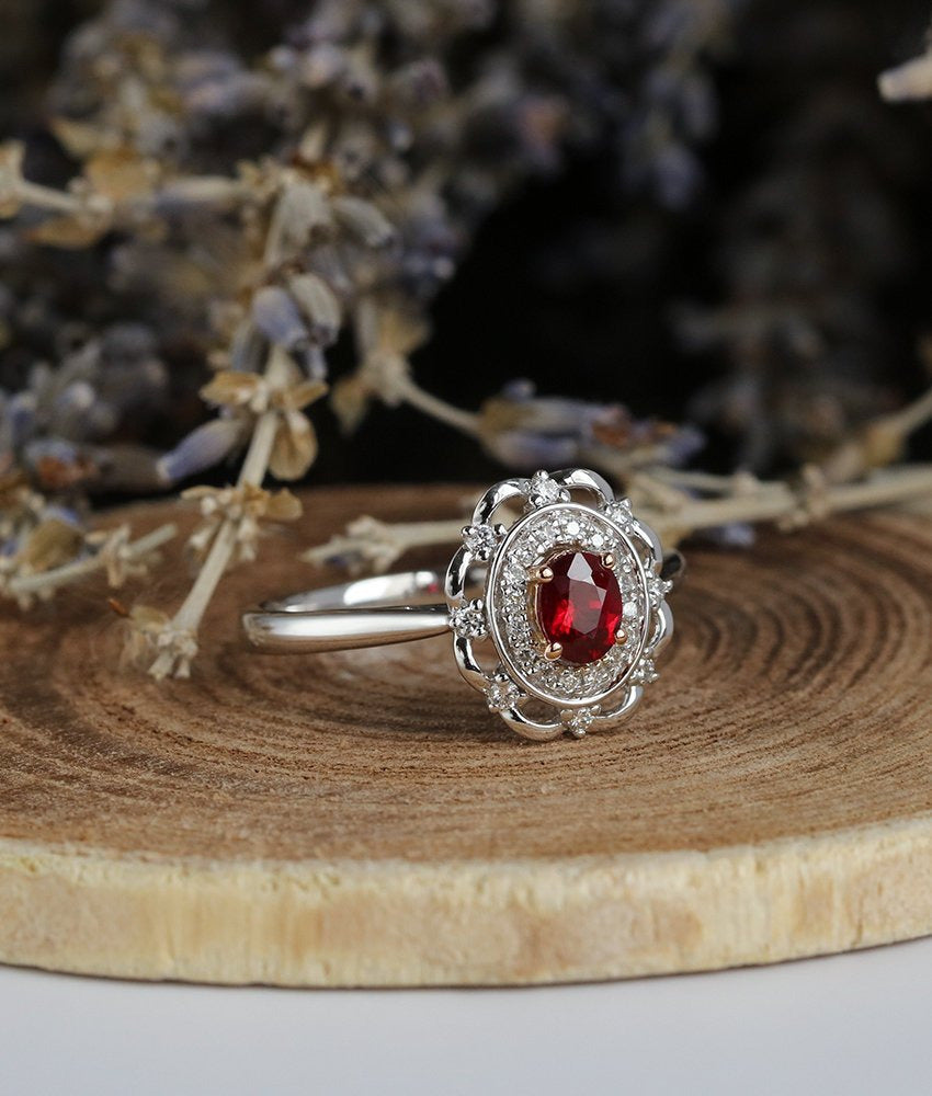2.85Ct Red Oval Cut Halo Ring | Party Wear Ring For Women | Wedding Ring For Bridal
