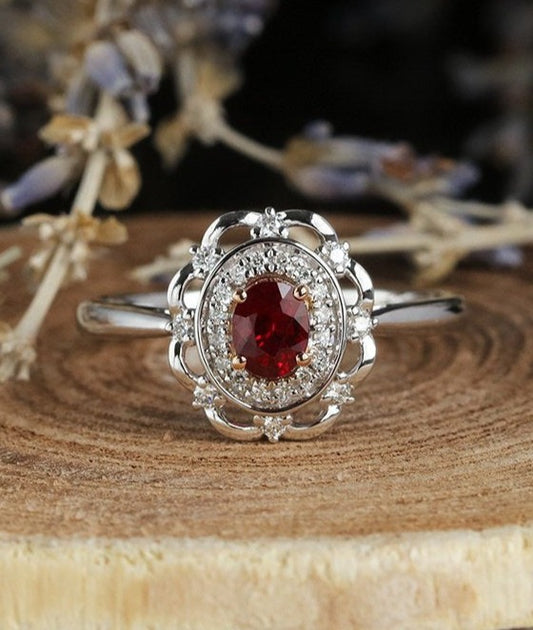 2.85Ct Red Oval Cut Halo Ring | Party Wear Ring For Women | Wedding Ring For Bridal