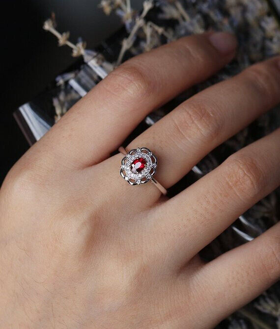 2.85Ct Red Oval Cut Halo Ring | Party Wear Ring For Women | Wedding Ring For Bridal