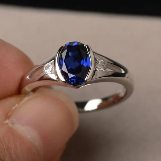 2.6CT Blue Oval Cut Half Bezel Ring | Birthstone Ring For Her | Daily Wear Ring | Jewelry For Women