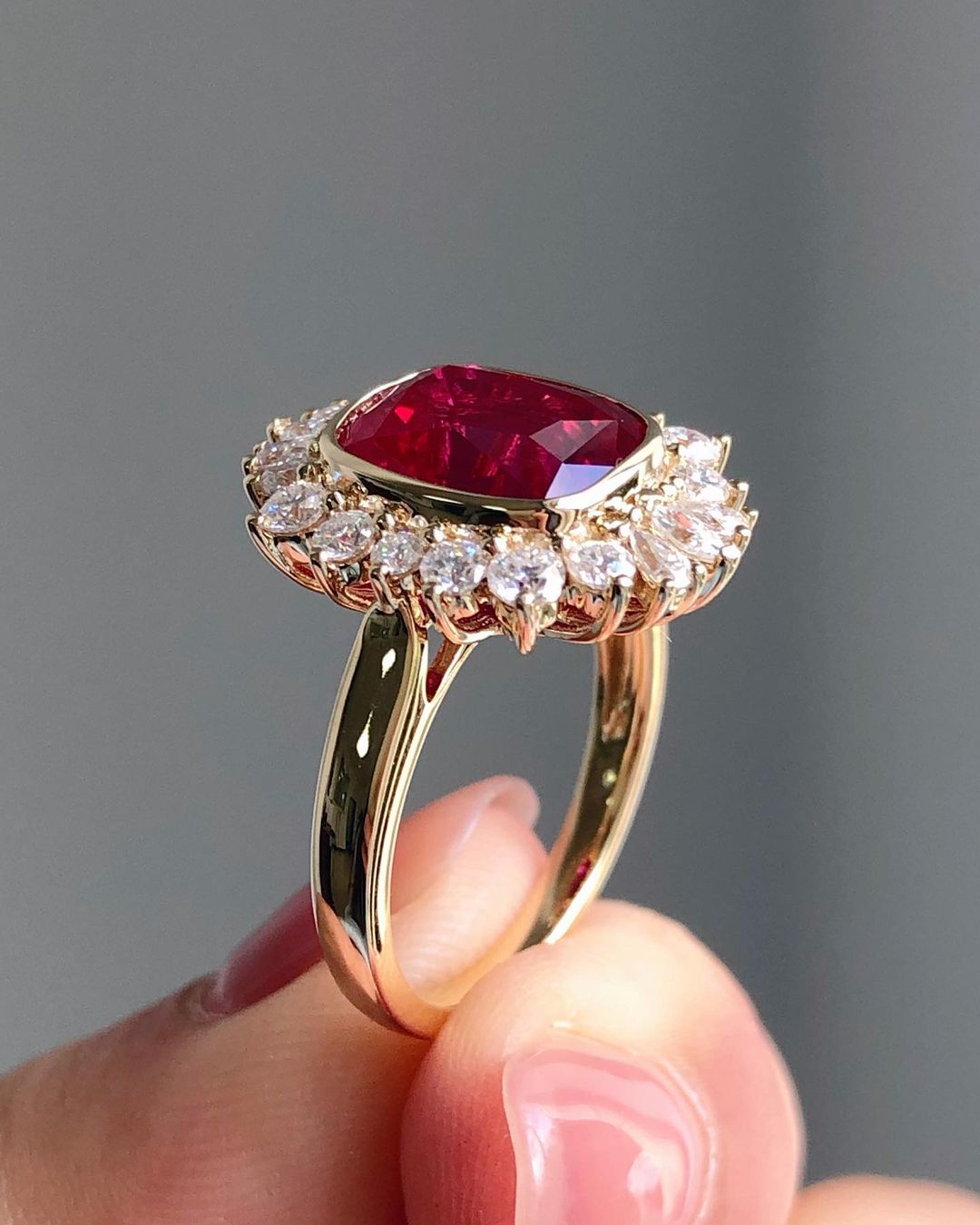 3.30Ct Red Cushion Cut Bezel Ring | Party Wear Ring For Women | Delicate Solo Diamond Ring