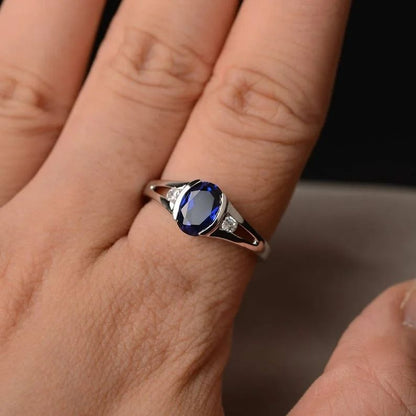 2.6CT Blue Oval Cut Half Bezel Ring | Birthstone Ring For Her | Daily Wear Ring | Jewelry For Women