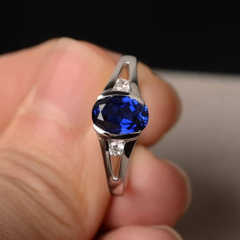 2.6CT Blue Oval Cut Half Bezel Ring | Birthstone Ring For Her | Daily Wear Ring | Jewelry For Women