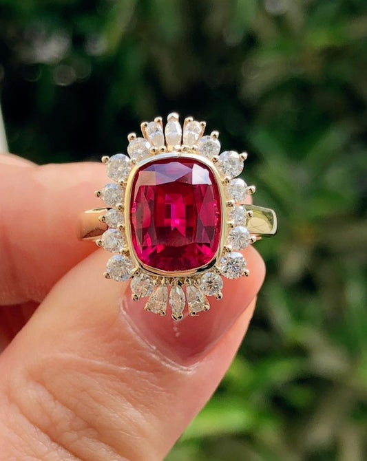 3.30Ct Red Cushion Cut Bezel Ring | Party Wear Ring For Women | Delicate Solo Diamond Ring