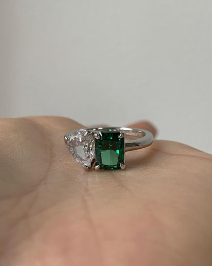 3.20Ct White Pear And Green Radiant Cut Two Stone Ring | Toi Et Moi Ring | Proposal Ring For Her