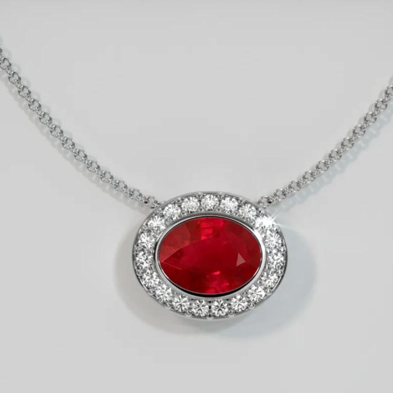 3.10Ct Red Oval Cut Bezel With Halo Pendant | Wedding Gift Pendant For Bridal | Sentimental gift Pendant | High Quality Jewelry