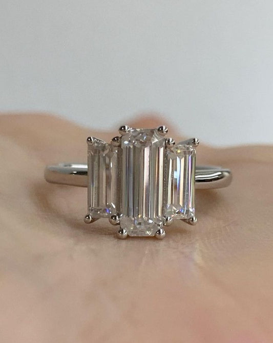 3.10Ct White Emerald Cut Three Stone Ring | Engagement Ring For Women | Jewelry Collection