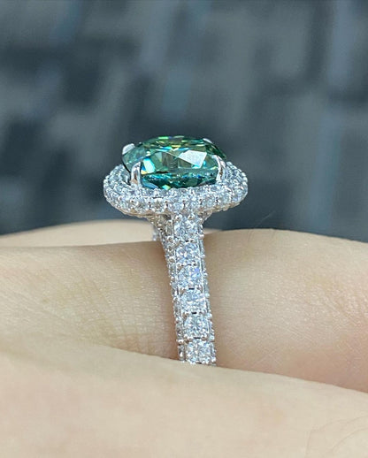 3.50Ct Green Blue Cushion Cut Moissanite Halo Ring | Wedding Ring For Women | Bridal Collection | Special Occasion Ring