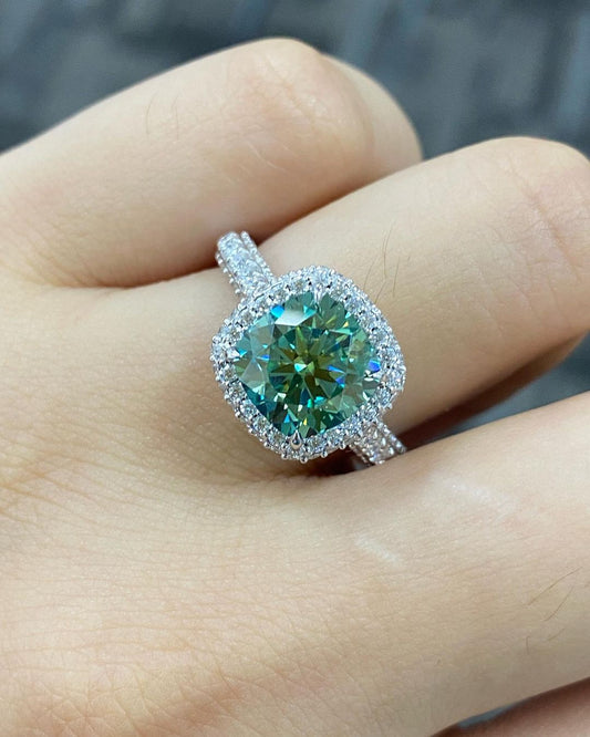 3.50Ct Green Blue Cushion Cut Moissanite Halo Ring | Wedding Ring For Women | Bridal Collection | Special Occasion Ring