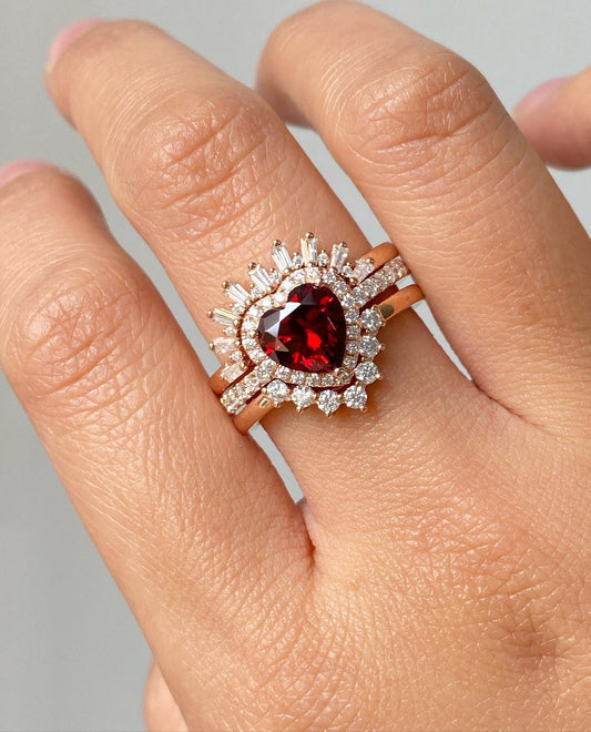 2.60Ct Red Heart Cut Halo Ring Set | Bridal Wedding Ring Set | Triple Band Ring Set | Fashion Jewelry