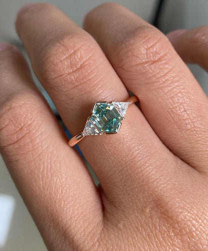 2.88Ct Green Blue Hexagon Cut Moissanite Three Stone Ring | Anniversary Gift Ring For Wife | Minimalist Ring For Women