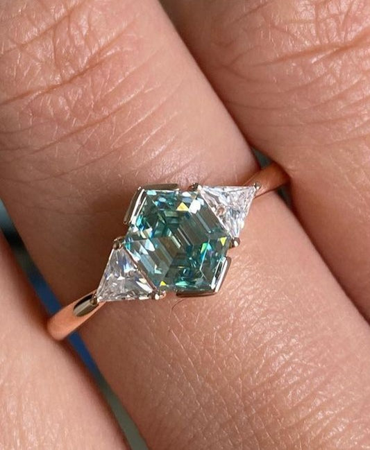 2.88Ct Green Blue Hexagon Cut Moissanite Three Stone Ring | Anniversary Gift Ring For Wife | Minimalist Ring For Women