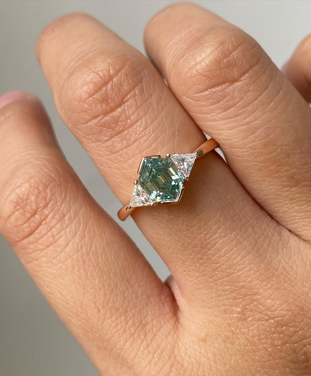 2.88Ct Green Blue Hexagon Cut Moissanite Three Stone Ring | Anniversary Gift Ring For Wife | Minimalist Ring For Women